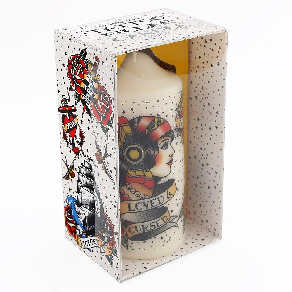 Vintage-inspired tattoo pillar candle 14cm - Tattoo Everything Supplies