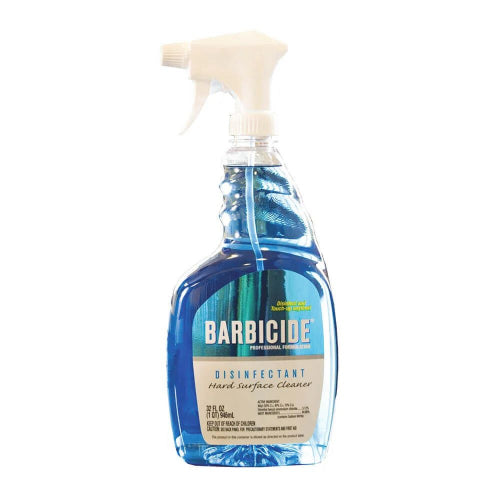 Barbigide disinfectant hard surface cleaner bottle with spray nozzle on a white background