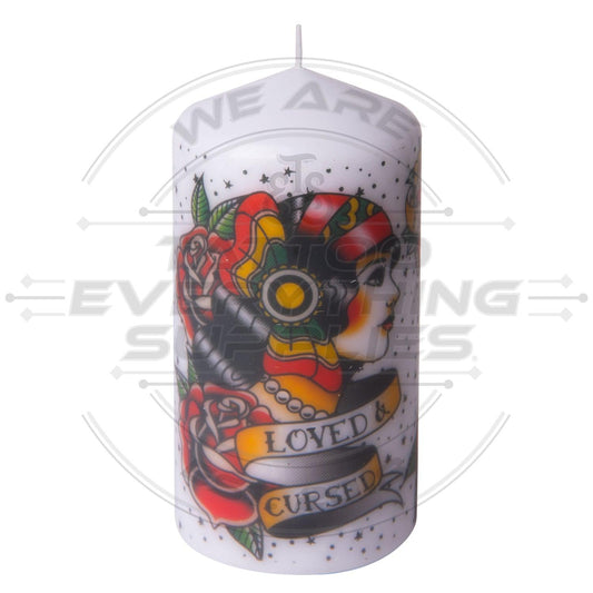 Vintage-inspired tattoo pillar candle 14cm - Tattoo Everything Supplies