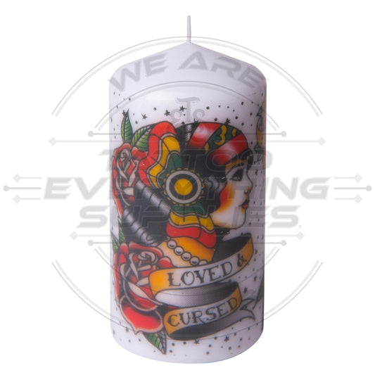 Vintage-inspired tattoo pillar candle 14cm