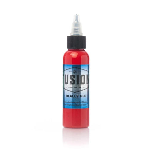 Red tattoo ink bottle with blue label on a white background