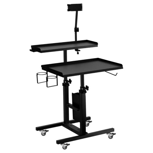 Black adjustable height cart with shelves on a white background