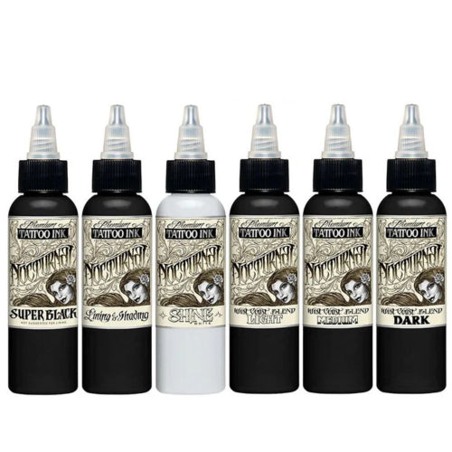 Set of six bottles of nocturnal tattoo ink on a white background