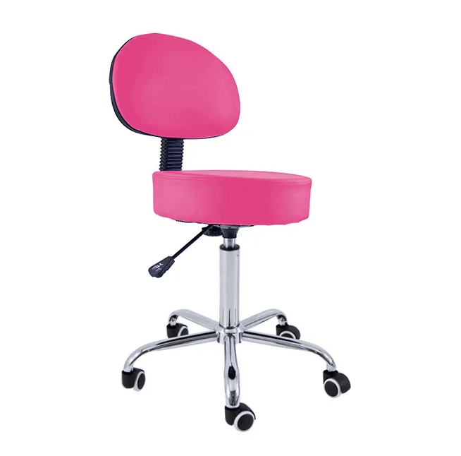 Stool with Backrest, Chrome Base, 5 Wheels and Gas Lift - PINK