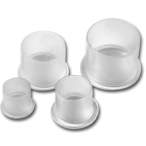Set of four clear plastic cups on a white background