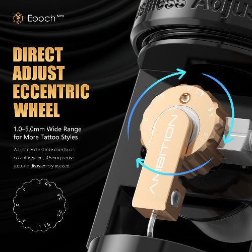 Tattoo machine with direct adjust eccentric wheel on a black background