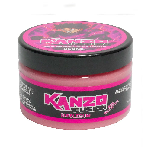 Pink jar with black lid labeled 'Kanzo Fusion Bubblegum' on a white background