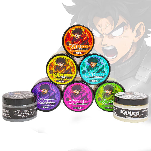 Collection of Kanzo Fusion glide product jars with colourful labels on a white background.