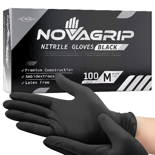 Novagrip Black Textured Tip Nitrile Gloves - Black