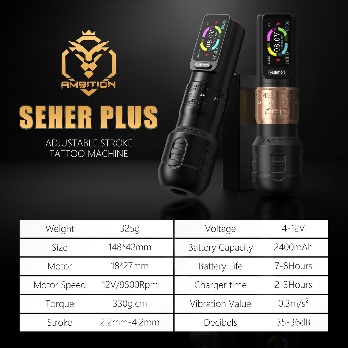 Ambition Seher PLUS Wireless Tattoo Machine Dual Battery